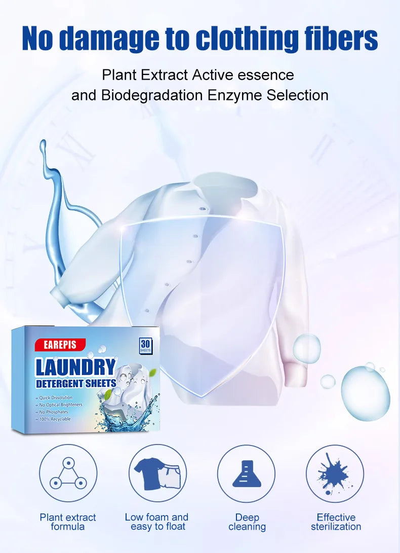 30Pcs Concentrated Laundry Detergent Sheets,Powerful Stain Removal,Odor Eliminator,Fresh Scent,Lightweight and Portable for Home