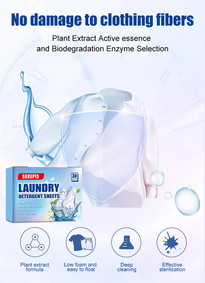 30Pcs Concentrated Laundry Detergent Sheets,Powerful Stain Removal,Odor Eliminator,Fresh Scent,Lightweight and Portable for Home