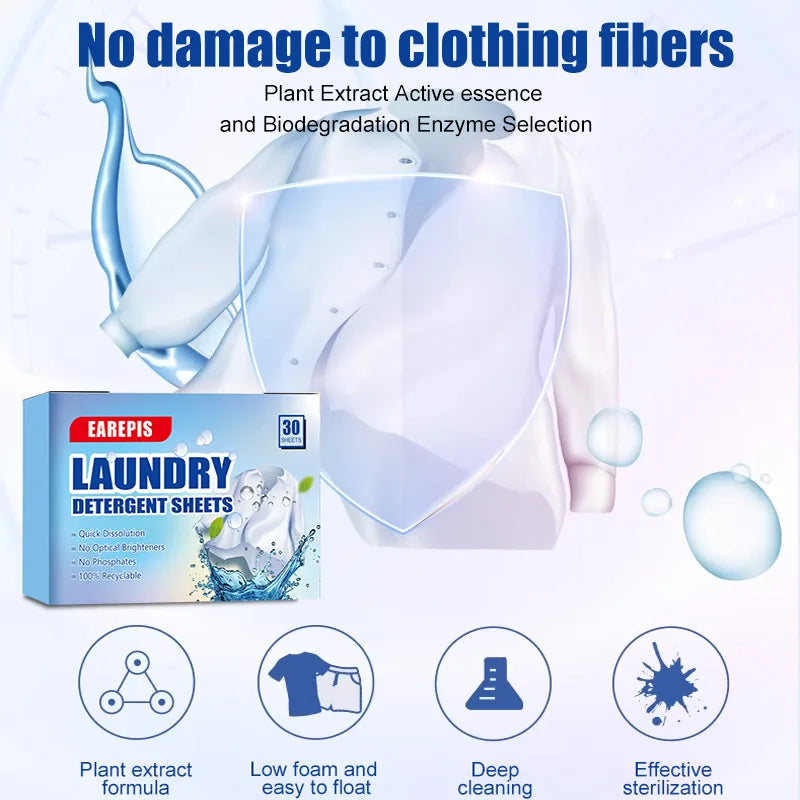 30Pcs Concentrated Laundry Detergent Sheets,Powerful Stain Removal,Odor Eliminator,Fresh Scent,Lightweight and Portable for Home