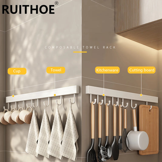 Wall Mounted Kitchen Hook Rack No-Punching Wall Hangers Rail Kitchen Utensils Rack Spoon Shovel Chopping Board Storage Rack