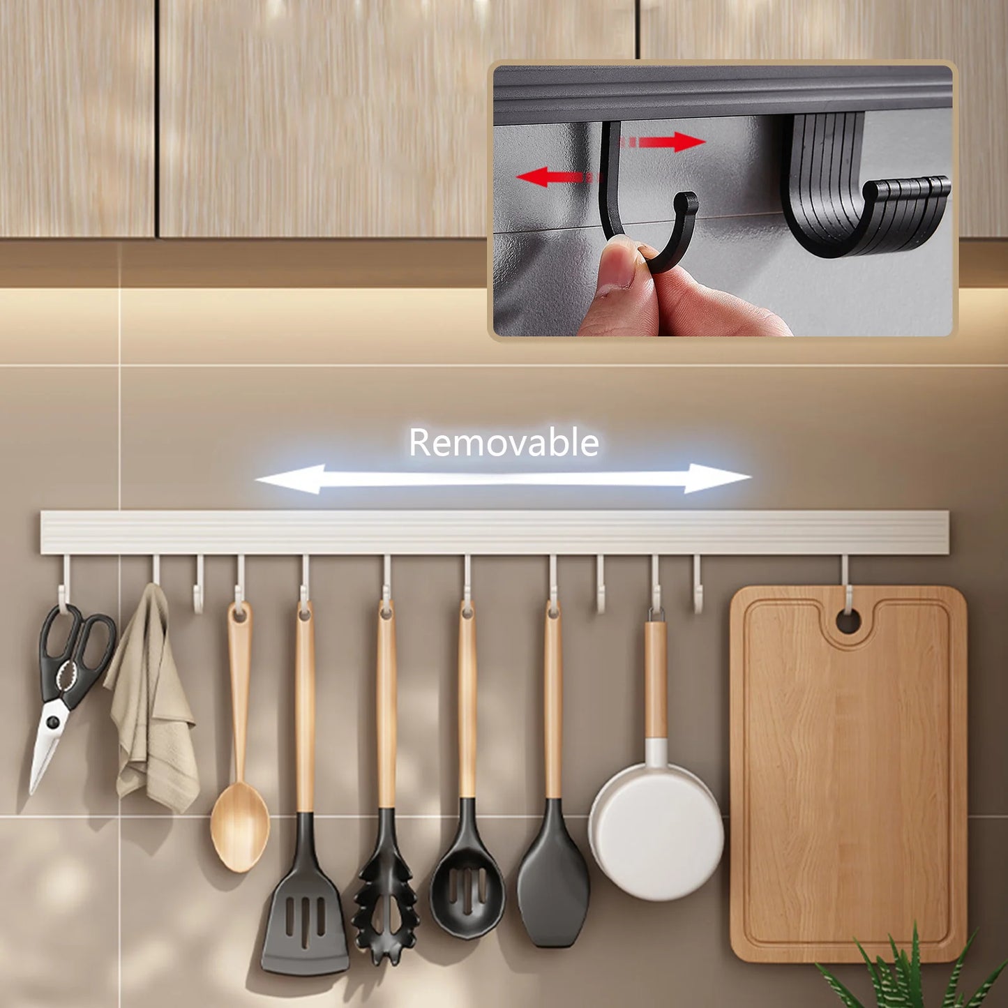 Wall Mounted Kitchen Hook Rack No-Punching Wall Hangers Rail Kitchen Utensils Rack Spoon Shovel Chopping Board Storage Rack