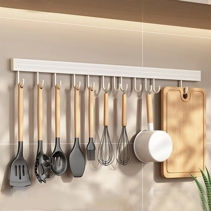Wall Mounted Kitchen Hook Rack No-Punching Wall Hangers Rail Kitchen Utensils Rack Spoon Shovel Chopping Board Storage Rack