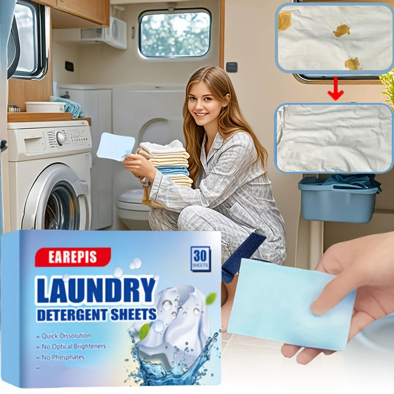 30Pcs Concentrated Laundry Detergent Sheets,Powerful Stain Removal,Odor Eliminator,Fresh Scent,Lightweight and Portable for Home