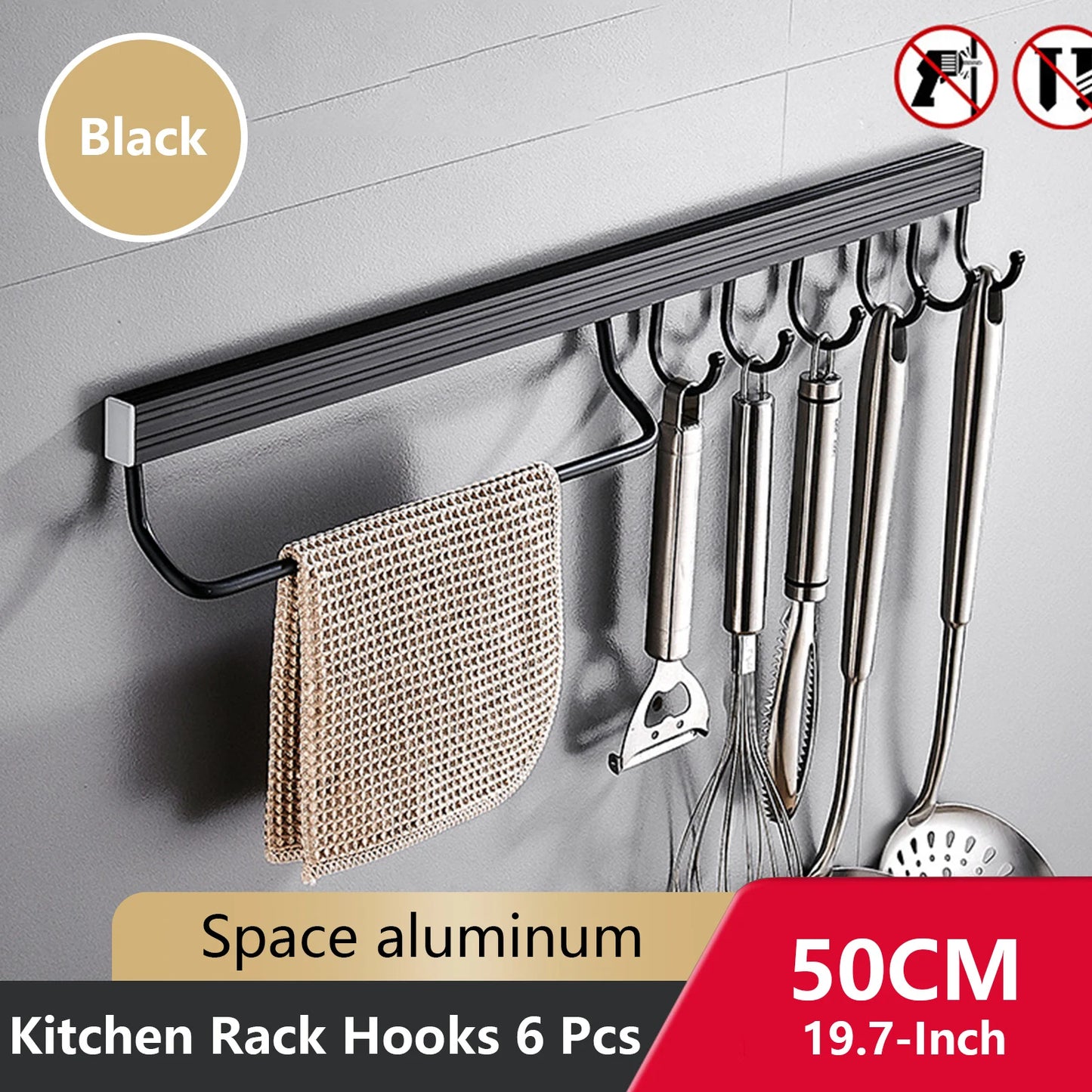 Wall Mounted Kitchen Hook Rack No-Punching Wall Hangers Rail Kitchen Utensils Rack Spoon Shovel Chopping Board Storage Rack
